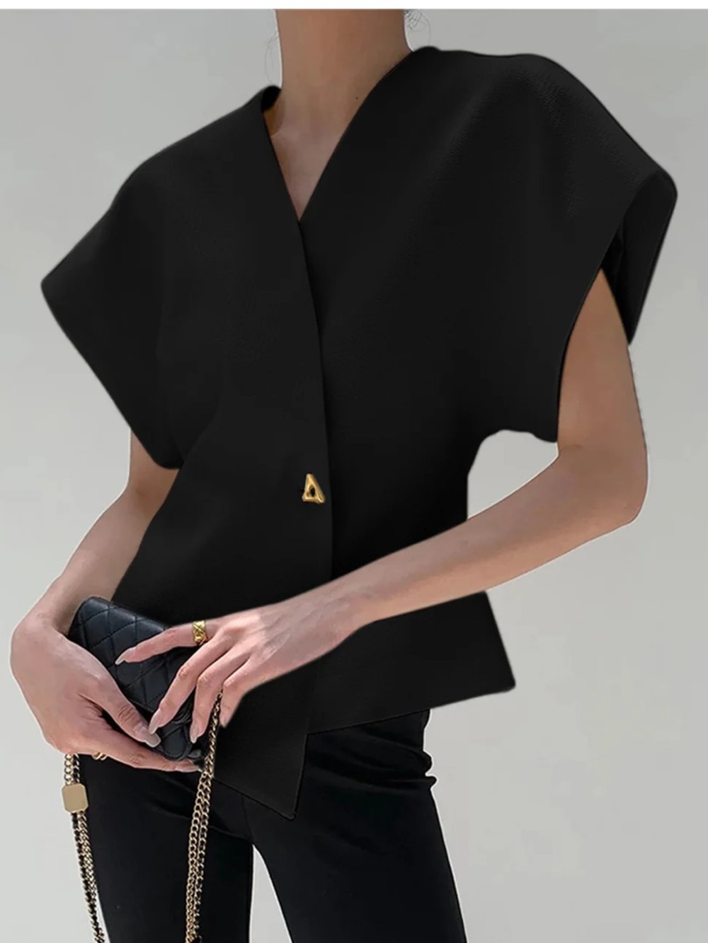 Commense Black V-Neck Cap Sleeve Blouse with Gold Accent